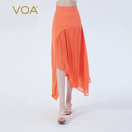 VOA真丝22姆米暗纹提花粉橙色不对称设计不规则下摆时尚半身裙女图片