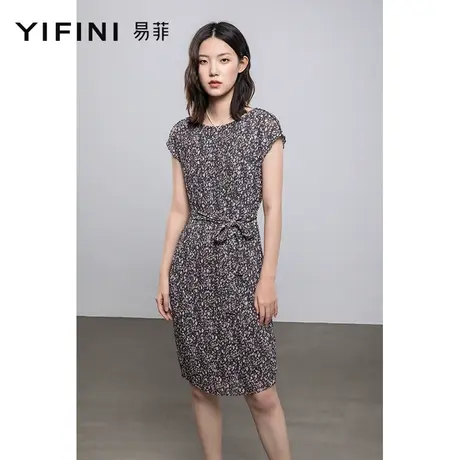 Yifini/易菲短袖雪纺碎花连衣裙收腰显瘦气质法式中长款裙子夏季图片