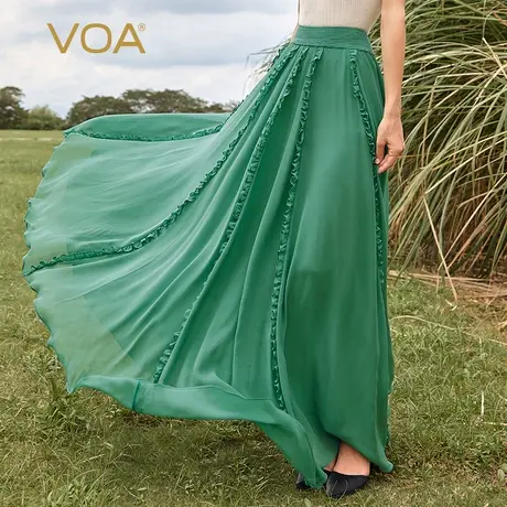 VOA真丝双层乔其绿色自然腰褶皱立体木耳装饰大摆桑蚕丝半身裙图片