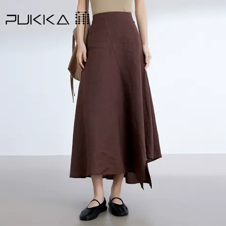 蒲PUKKA 2024春夏自然文艺气质优雅显瘦法式亚麻半身裙图片