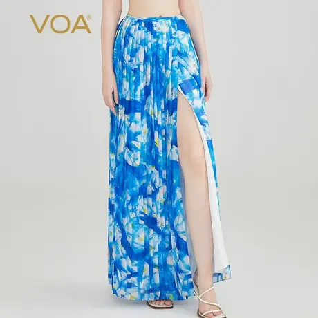 VOA真丝一片式乔其星空蓝不对称三粒扣风琴褶性感度假风半身裙女图片