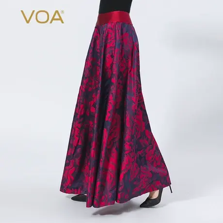 VOA真丝色织提花红色自然腰拼接隐形侧拉斜口袋印花桑蚕丝半身裙图片