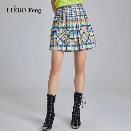 裂帛LIEBOFeng2023春季新商场同款彩色亮片格纹梭织半身短裙商品大图