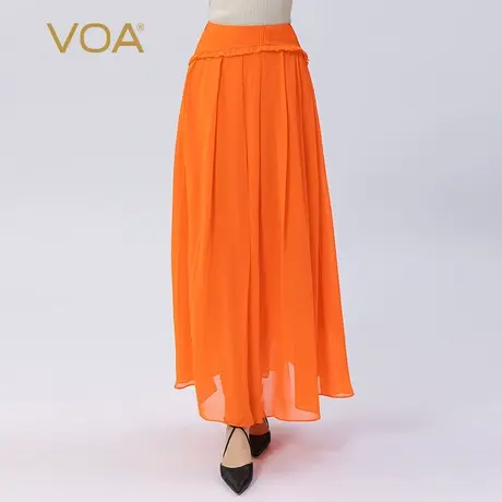 VOA真丝乔其纱橙红色自然腰木耳边拼接双层纯色百搭桑蚕丝半身裙图片