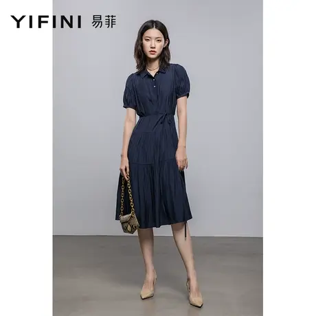Yifini/易菲衬衫领雪纺连衣裙短袖宽松显瘦中长裙夏季新款潮图片