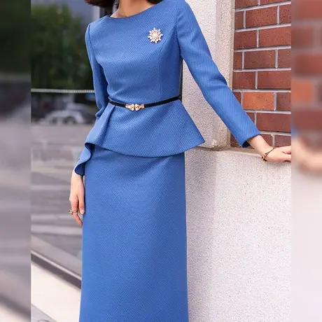 蓝色小香风裙子高级感2023秋季新款时尚气质修身显瘦长袖连衣裙女图片