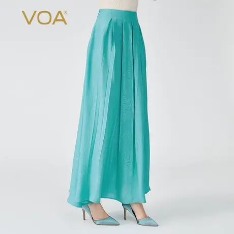 VOA真丝提花绿色自然腰褶皱简约百搭气质甜美大摆桑蚕丝半身裙图片