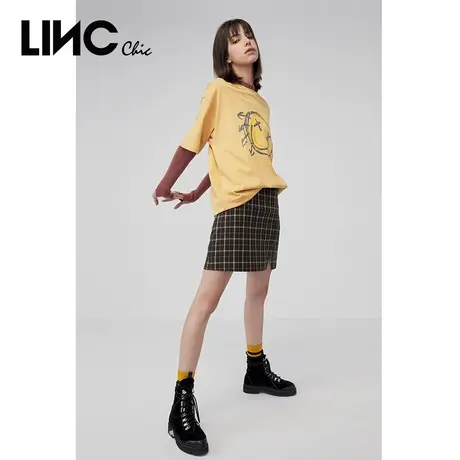 LINC金羽杰2021秋新款复古英伦风格纹A字型半身裙2032301图片