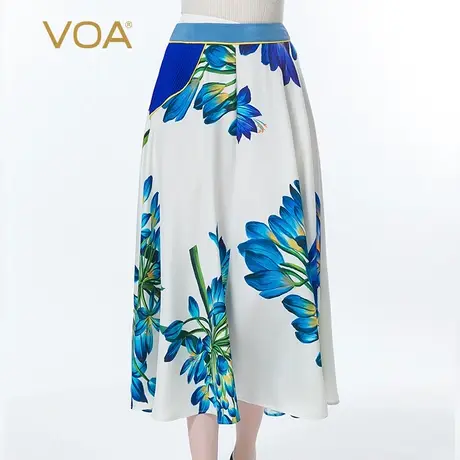 VOA真丝30姆米印花重绉撞料拼接褶皱不对称设计百搭桑蚕丝半身裙图片