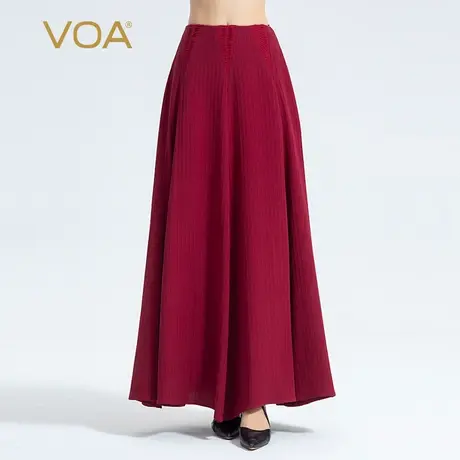 VOA重磅真丝无界41姆米条纹酒红侧插袋塔克褶装饰简约百搭半身裙图片