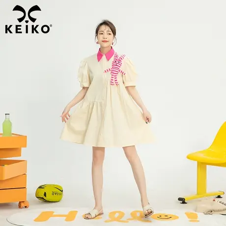 keiko可爱布偶饰衬衫连衣裙2022夏季新款个性异色领泡泡袖a字裙子图片
