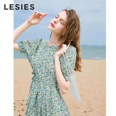 LESIES蓝色倾情春夏装新款甜美法式碎花裙收腰短袖舒适连衣裙图片