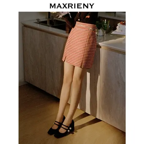MAXRIENY红白格纹半裙秋冬新款复古时髦高腰半身裙图片