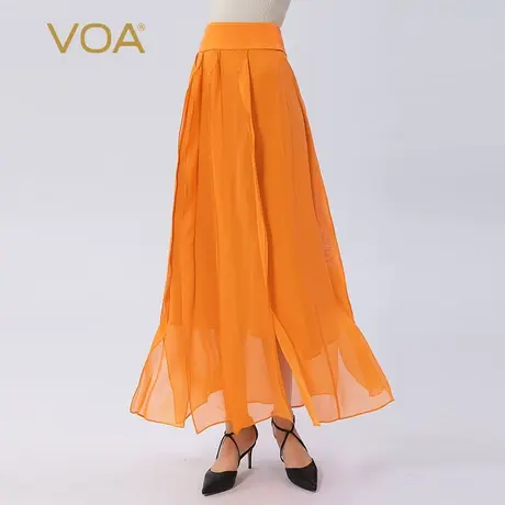 VOA真丝橙乔其纱自然腰侧拉链双层活页设计褶皱大摆桑蚕丝半身裙图片
