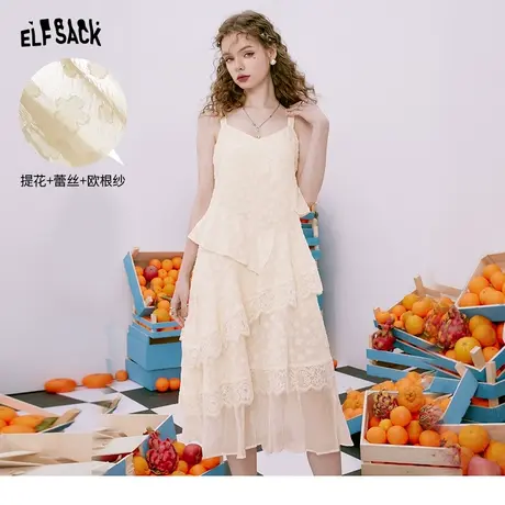 妖精的口袋重工白色吊带连衣裙女2023夏季新款蛋糕裙v领公主长裙图片