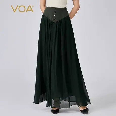 VOA100%真丝墨绿色双层乔其纱自然腰单排珍珠褶皱桑蚕丝半身裙图片
