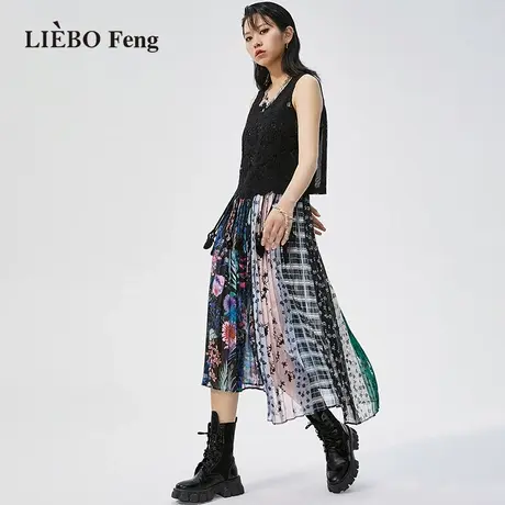 裂帛LIEBOFeng设计师品牌A字印花雪纺半身裙送腰带不规则摆百褶裙图片