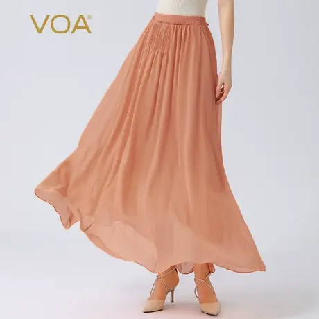 VOA真丝乔其纱裸粉色撞料拼接塔克褶设计感双层长款桑蚕丝半身裙图片