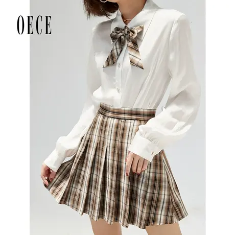Oece复古格纹半身裙秋季新款女装百褶裙夏法式小众JK短裙裙子图片