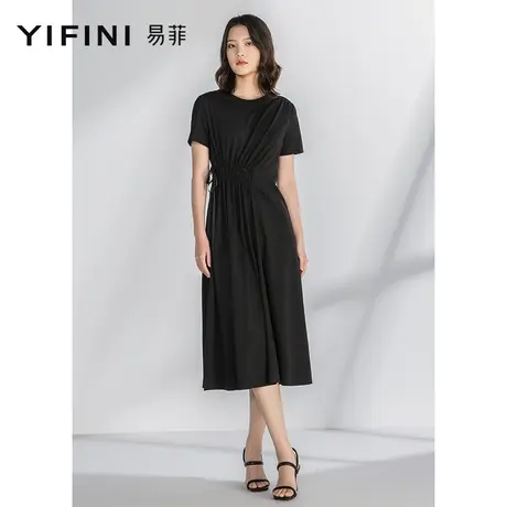 Yifini/易菲高腰显瘦优雅气质法式连衣裙女夏季新款黑色长款图片