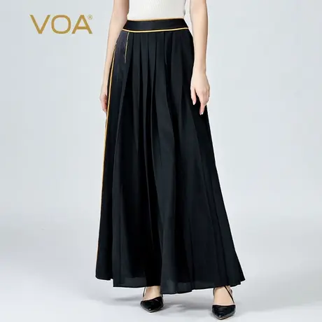 VOA真丝双绉撞料拼接自然腰侧拉黑色褶皱百搭长款桑蚕丝半身裙图片