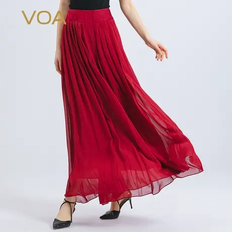 VOA真丝乔其纱红色自然腰百褶减龄双层飘逸仙女桑蚕丝半身裙图片