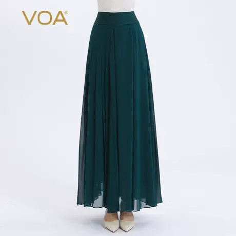 VOA真丝浣溪纱孔雀绿优雅知性自然腰百褶设计桑双层蚕丝半身裙图片