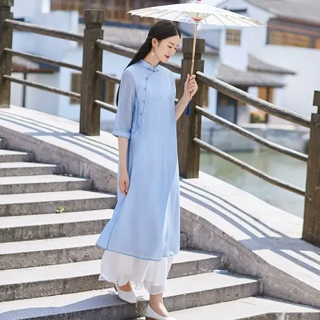 素飞中国风禅茶服女夏季2023新款改良旗袍蓝色复古气质优雅连衣裙图片