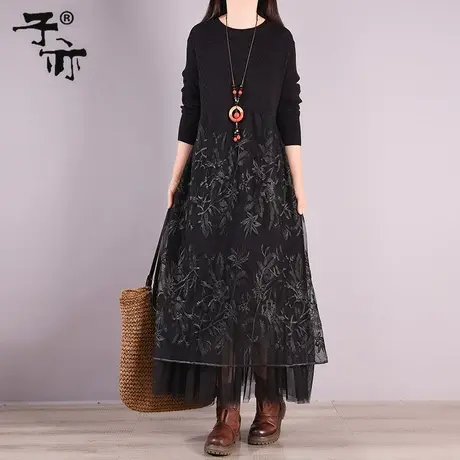 子亦冬季新款黑色针织蕾丝绣花拼接甜美气质打底毛衣连衣裙图片