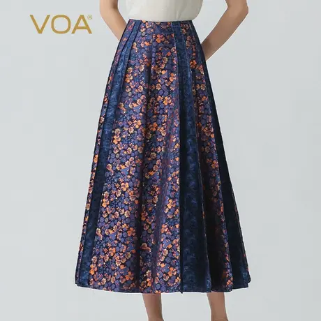 VOA34姆米色织提花桑蚕丝花落红尘自然腰撞料拼接褶皱真丝半身裙图片