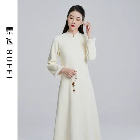 素飞针织连衣裙中国风女装米色改良旗袍年轻款裙子冬款加厚茶人服图片