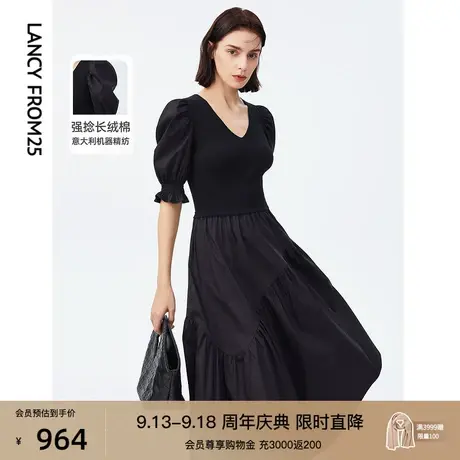 朗姿纯棉法式宫廷风抽褶黑色中长款连衣裙子夏季新款小黑裙高级感图片