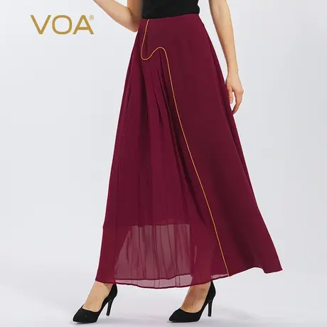 VOA40姆米重磅桑蚕丝鬼纡红色双层明线装饰褶皱大摆真丝半身裙图片