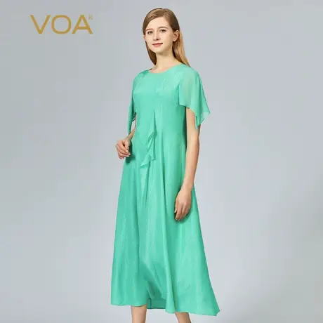 VOA春季提花桑蚕丝绿色圆领飞飞袖立体装饰宽松清爽真丝连衣裙图片