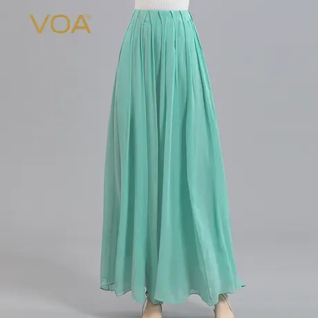 VOA100%真丝乔其纱自然腰隐形侧拉链双层褶皱大摆桑蚕丝半身裙图片