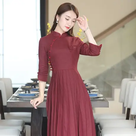 改良旗袍2022年新款年轻款小个子红色棉麻连衣裙中国风复古裙子图片