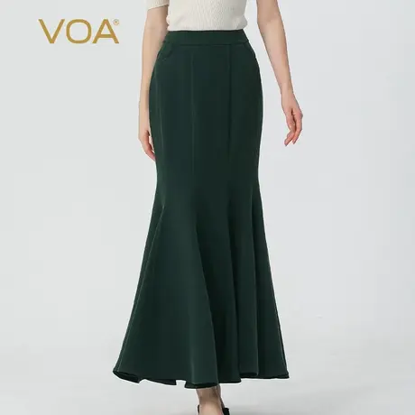 VOA深松绿45姆米重磅厚真丝自然腰挖袋显瘦鱼尾桑蚕丝半身裙秋图片