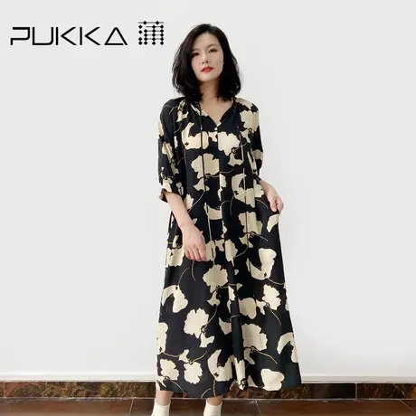 蒲PUKKA 2023夏季新品宽松优雅气质V领系带真丝印花连衣裙商品大图