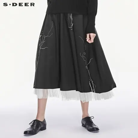 sdeer圣迪奥个性趣味撞色线条装饰双层网纱裙摆时尚长裙S18481194图片