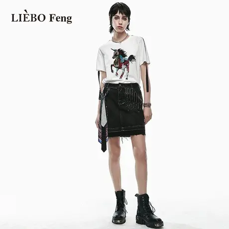 裂帛LIEBOFeng商场同款2023年夏季新品国潮设计师黑色牛仔半身裙商品大图