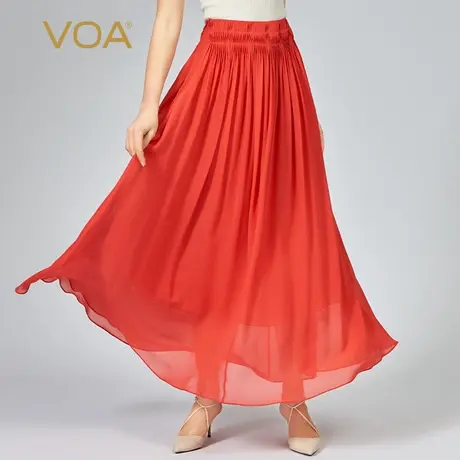 VOA乔其桑蚕丝砖红色自然腰褶皱遮肉显瘦减龄双层面料真丝半身裙图片