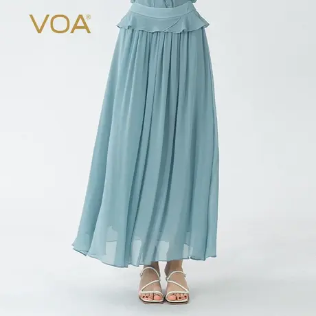 VOA冰蓝双层乔其纯真丝荷叶花边装饰自然腰轻盈桑蚕丝大摆半身裙图片
