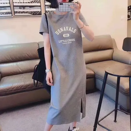 纯棉t恤裙子女夏季2023新款韩版短袖长裙开叉中长款气质连衣裙女图片