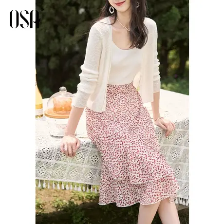 OSA欧莎红色雪纺印花高腰半身裙女士夏季2023年新款显瘦鱼尾裙子图片