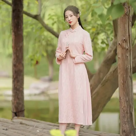 素飞旗袍年轻款少女日常可穿蕾丝加绒保暖修身复古粉色连衣裙茶服图片