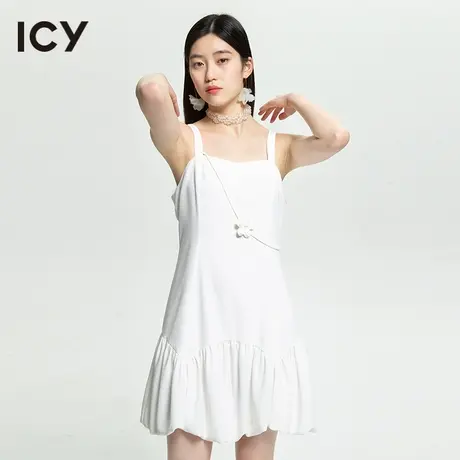 icy2023夏季新款女装甜美优雅气质纯色小白裙飘带花朵吊带裙图片