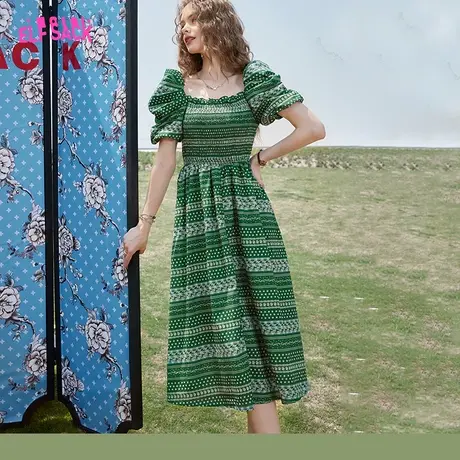妖精的口袋绿色泡泡袖方领连衣裙女2023夏新款度假风气质显瘦裙子图片