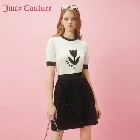 Juicy Couture橘滋2024早春穿搭新款金属牌珠片针织百褶半截短裙图片