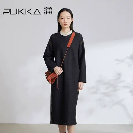 蒲PUKKA 定制色织斜纹针织连衣裙女2023秋冬H型长款休闲裙图片