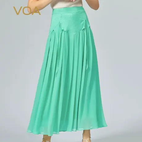 VOA乔其桑蚕丝拼接提花双层面料活页装饰自然腰绿色真丝半身裙图片